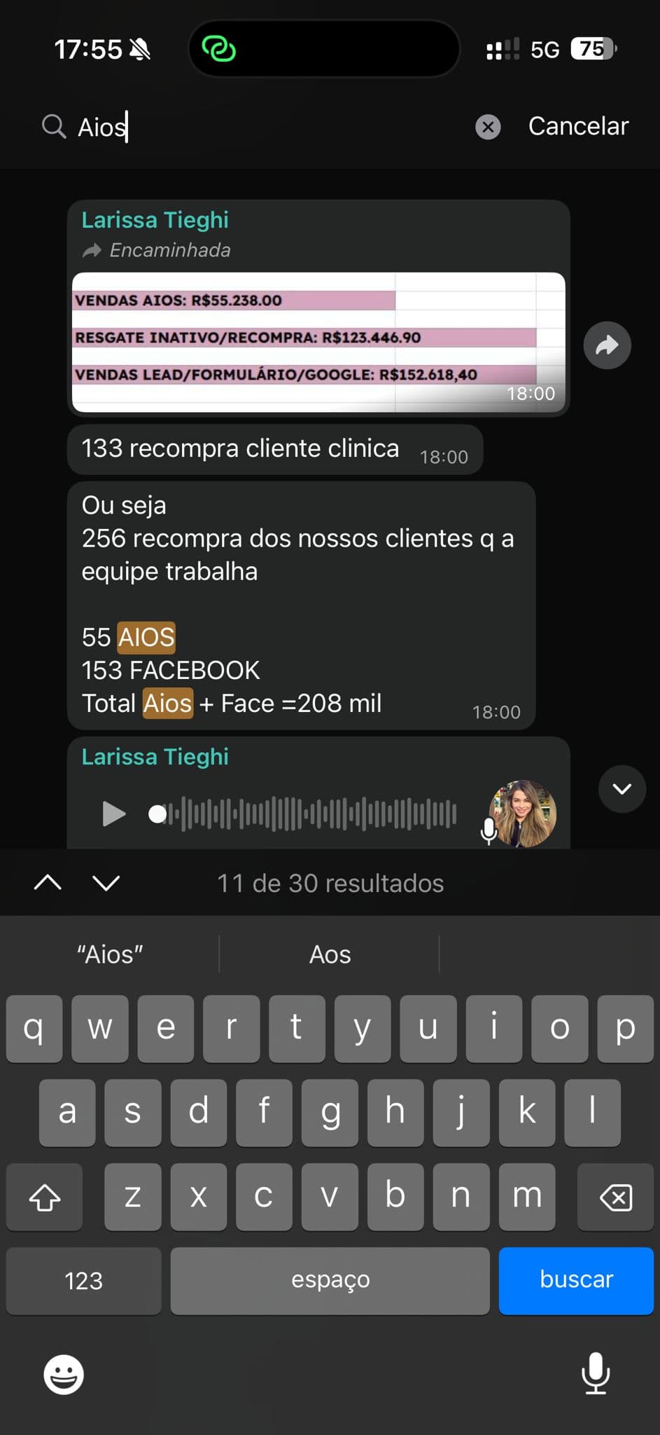 Print do relatório enviado por Larissa Tieghi: R$55.238 em vendas AIOS, R$123.446,90 em resgate de inativas, 256 recompras totais.