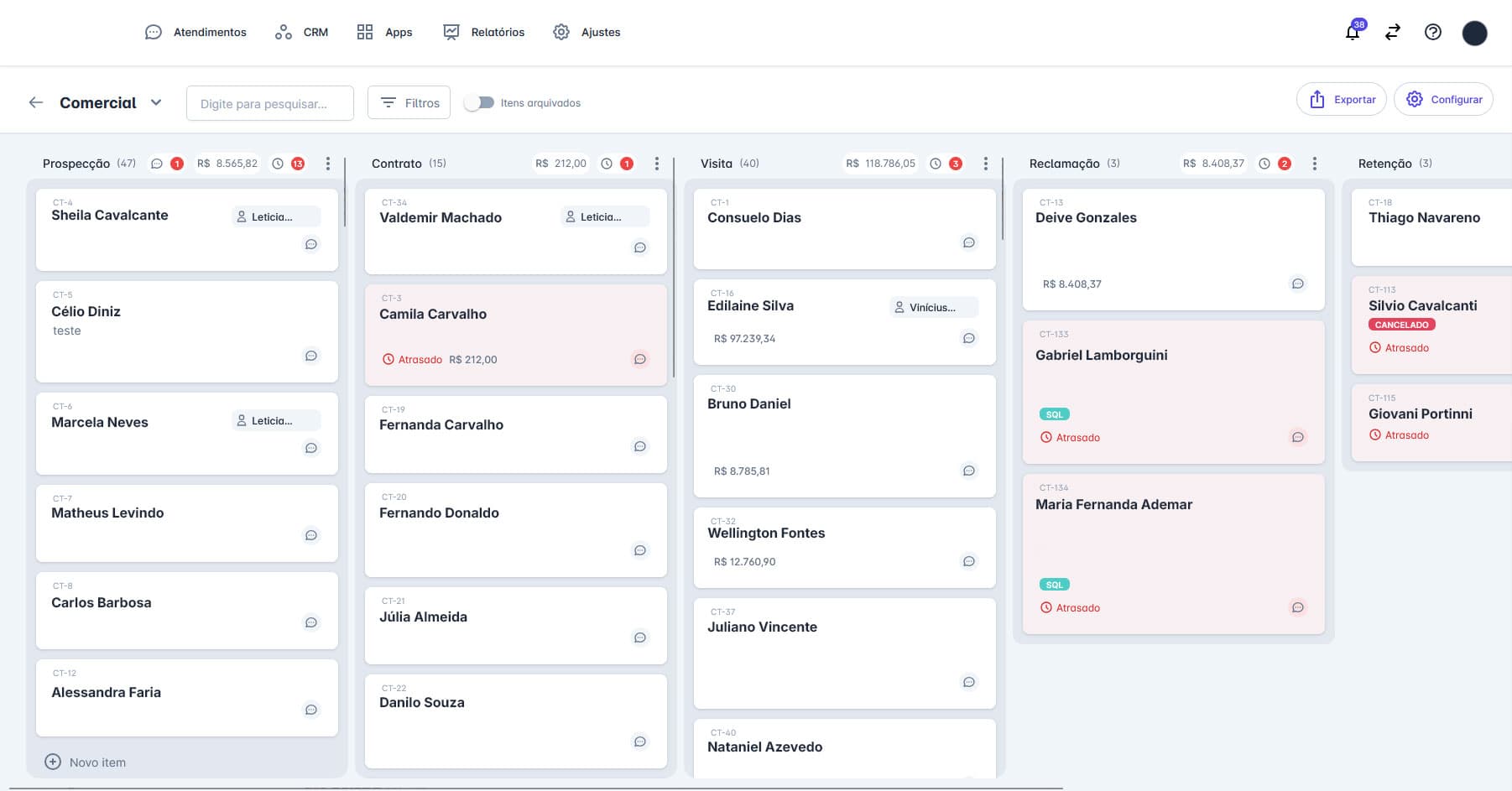 CRM em Kanban do AIOS: pacientes em colunas Prospecção, Contrato, Visita, Reclamação e Retenção, cada card com ticket, status e atendente.